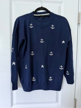 J. Crew Navy Crewneck Sweater with White Anchors & Stars